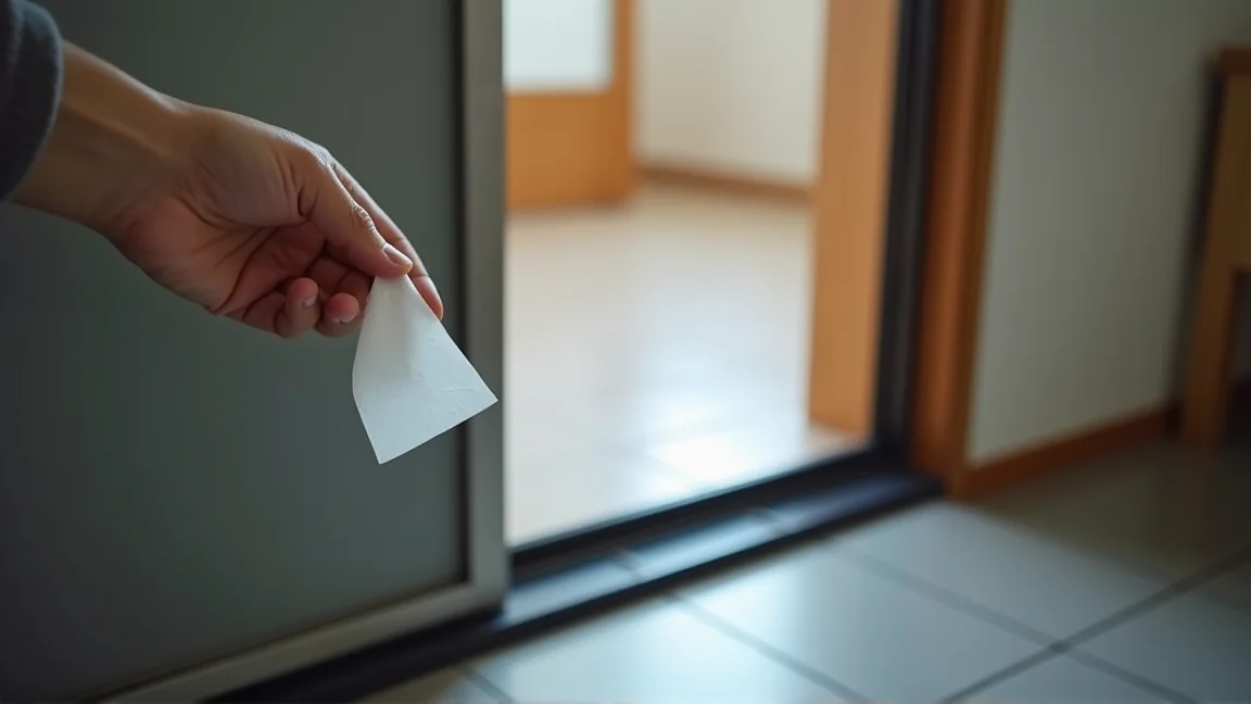 閉めた玄関ドアの枠に細く裂いたティッシュを近づけて隙間風を確かめる手元