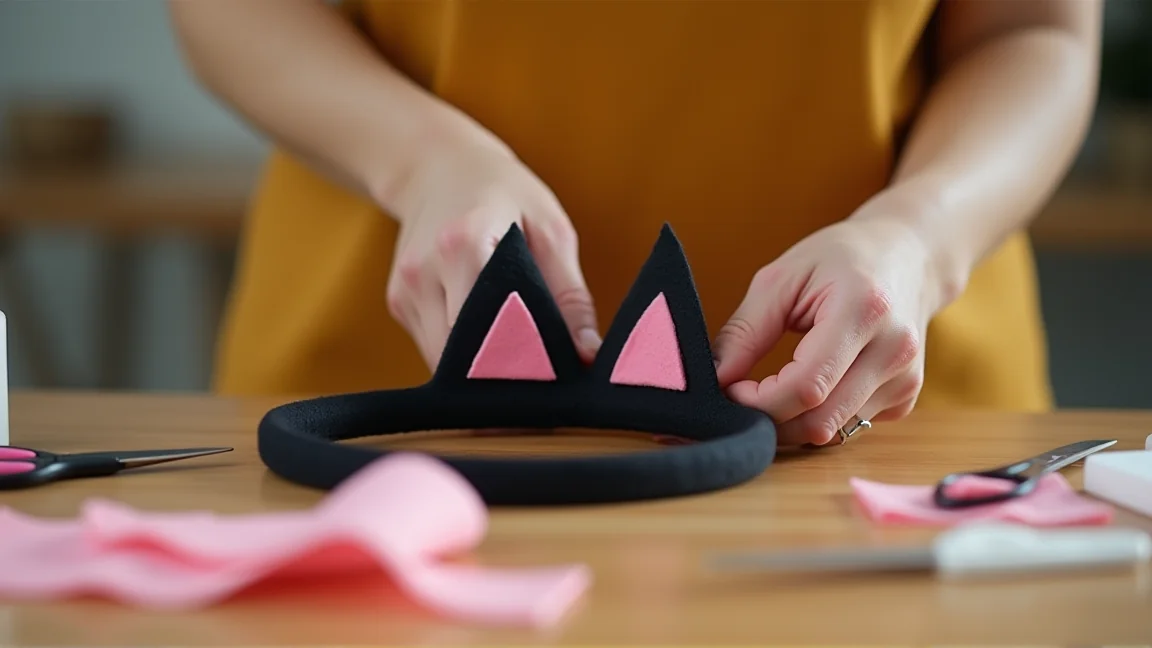 黒いフェルトの猫耳をカチューシャに貼りつけている手元