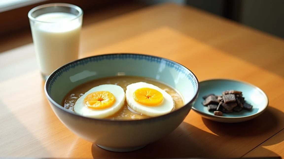 卵や納豆、バナナ、かつおなどが並んだ朝ごはんの食卓
