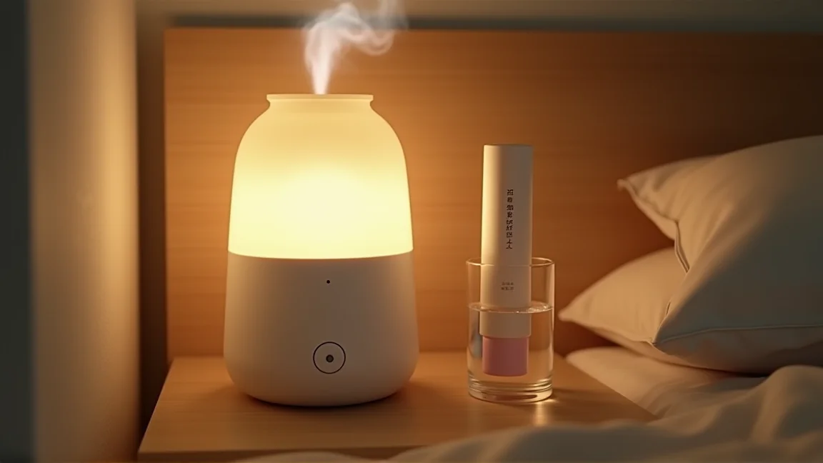 加湿器が動く夜の寝室とベッドサイドのリップクリーム