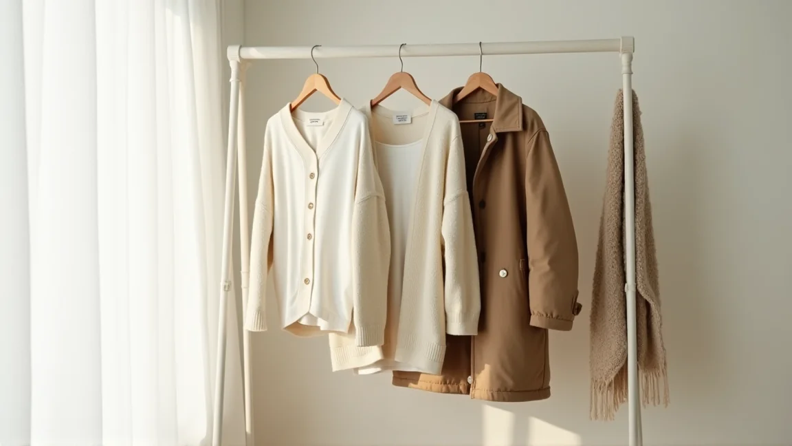 ハンガーラックに重ね着の順番でかけた冬の服一式
