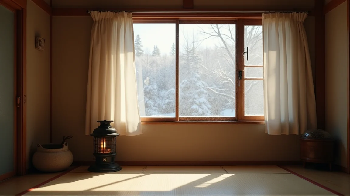 雪の日に少し開けた窓と石油ストーブ