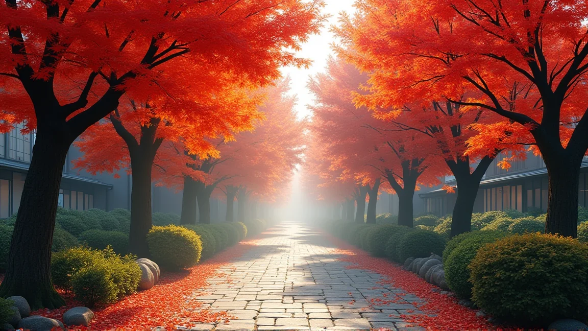 平日の朝、人の少ない紅葉の遊歩道