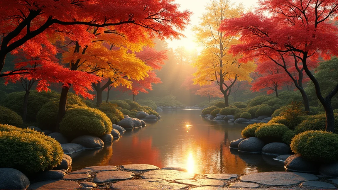 朝日が差し込む紅葉の庭園と静かな池