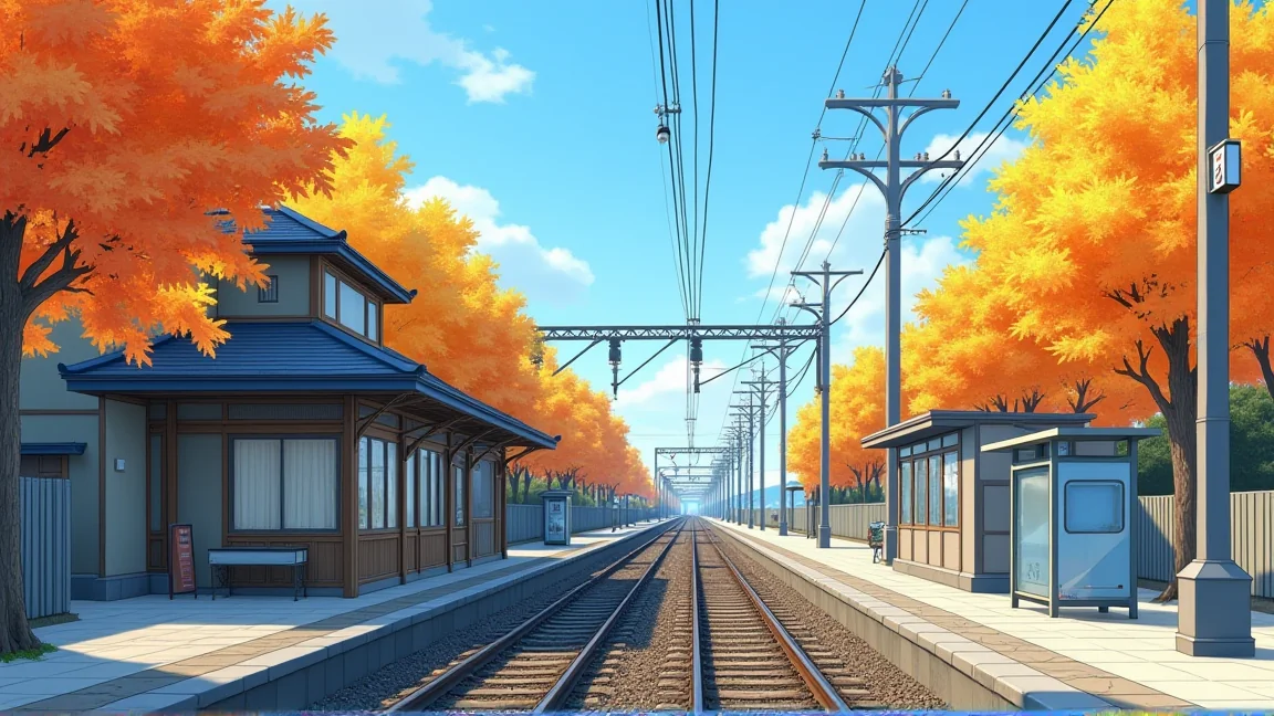 紅葉した並木のある小さな駅とバス停