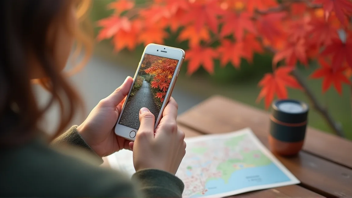 スマートフォンで紅葉の見頃情報を確認する手元