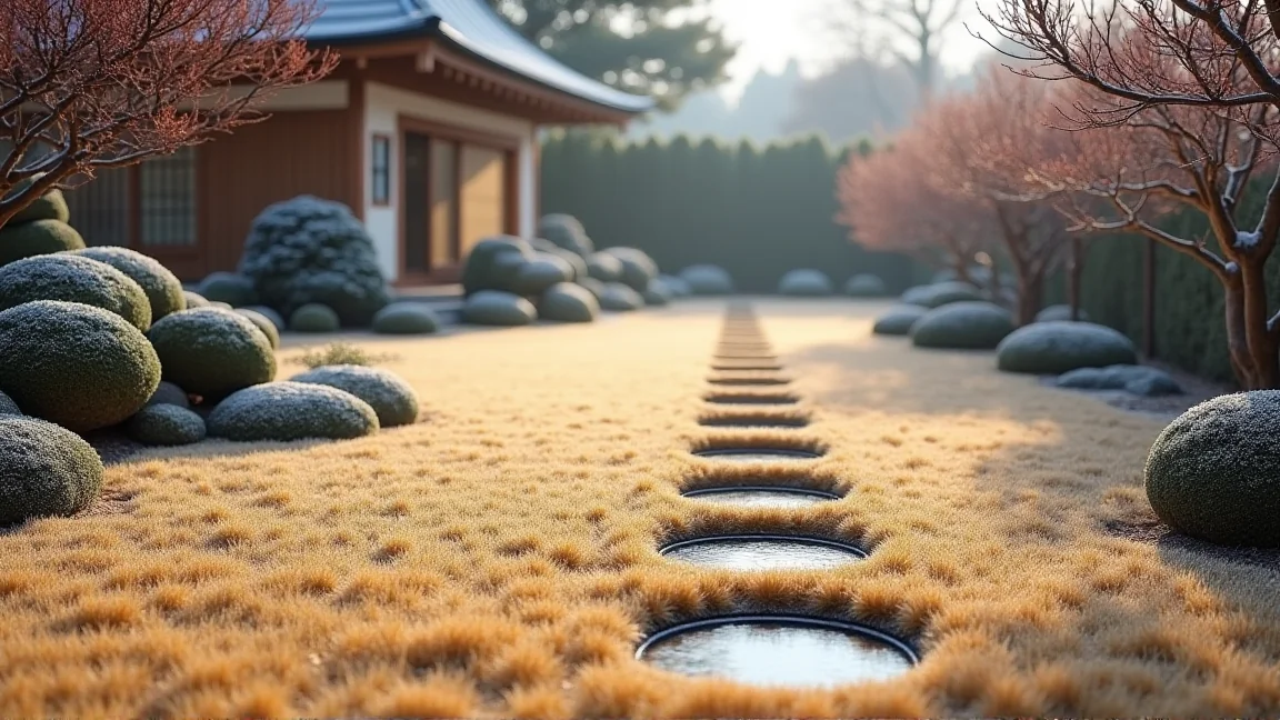 冬に休眠して茶色くなった高麗芝の庭
