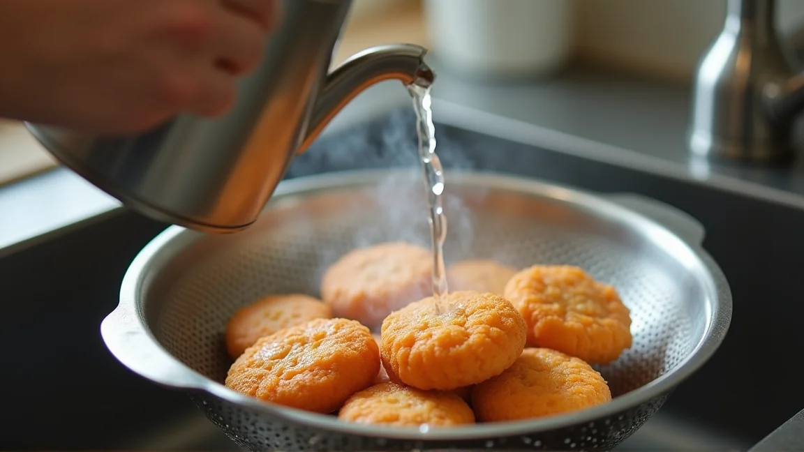 ざるに並べた揚げ練り物に熱湯を回しかけて油抜きする手元