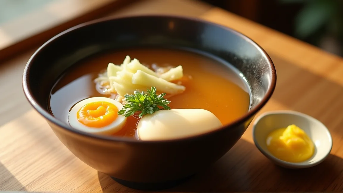 器に盛り付けた澄んだ出汁のおでんとからし