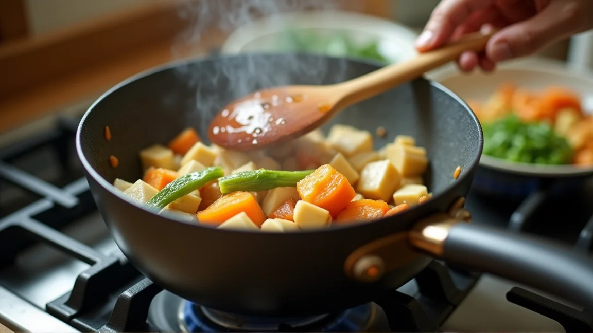 鍋でごま油と根菜を炒めている手元