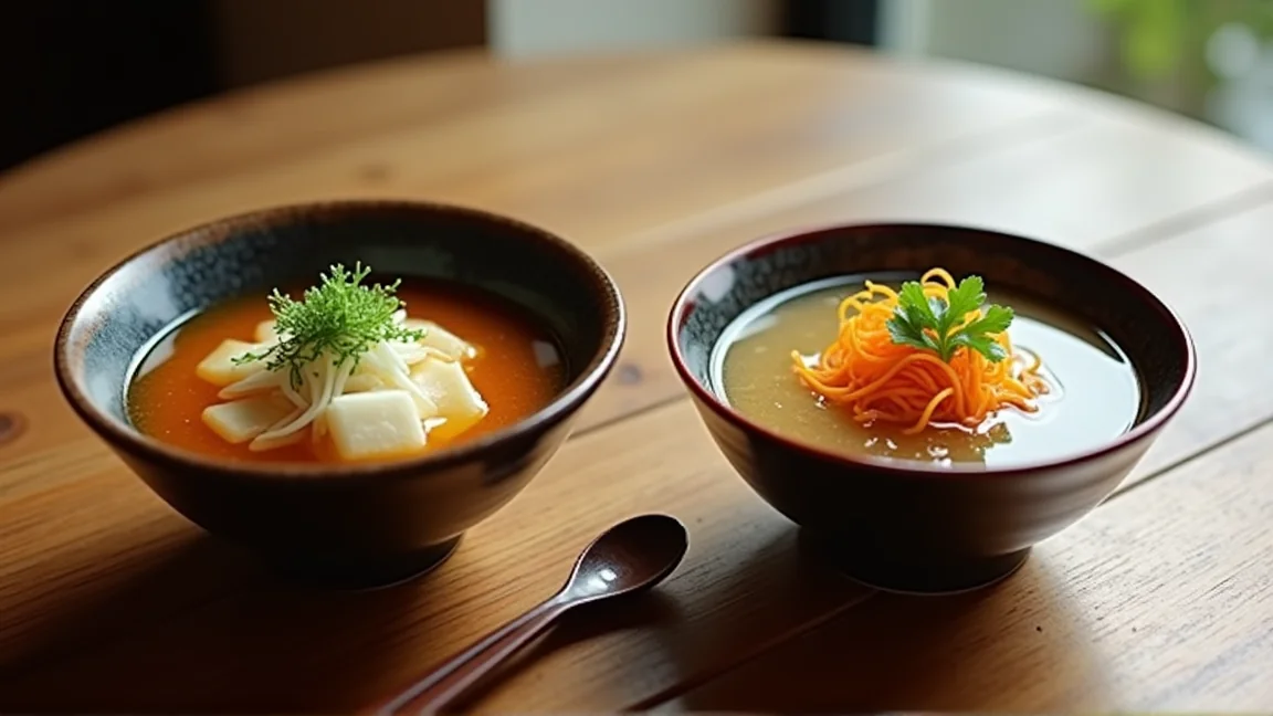 しょうゆ仕立てとみそ仕立てのけんちん汁を並べた食卓