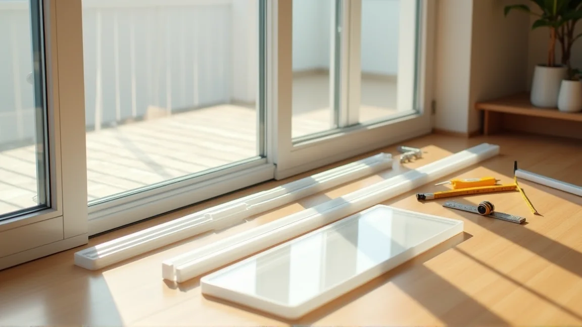 DIY用の内窓キットの部材を床に並べて組み立て準備をしている様子