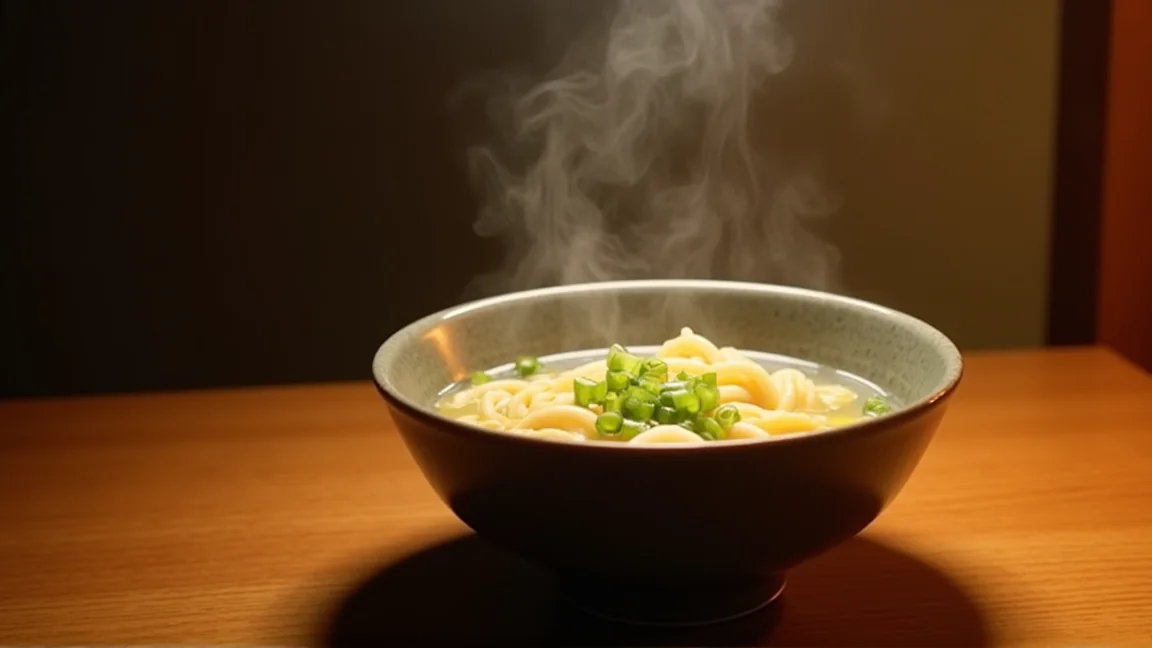 湯気の立つ卵とじうどんの小さな椀