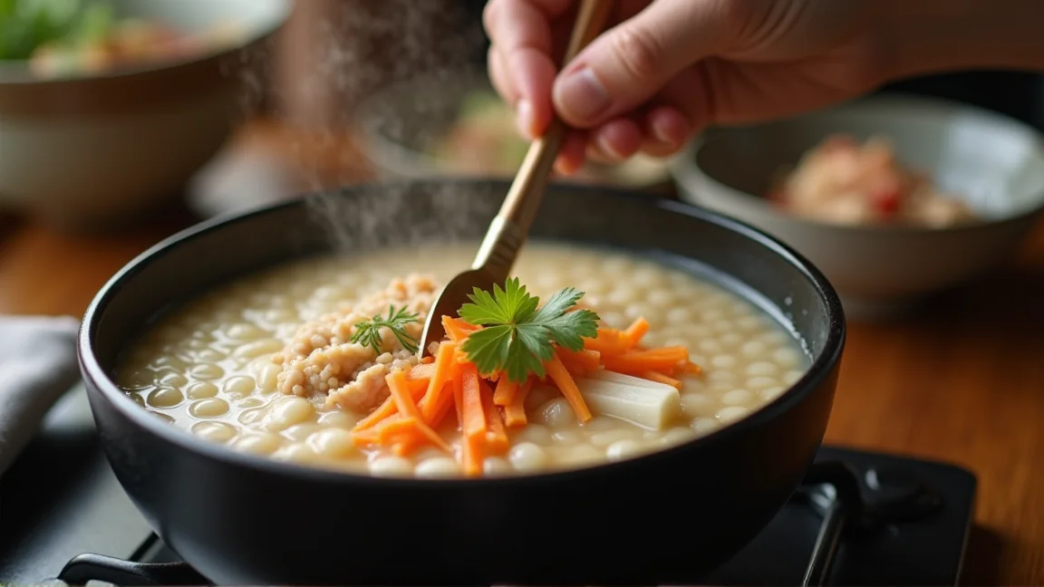 小鍋で野菜入りの雑炊を煮る手元