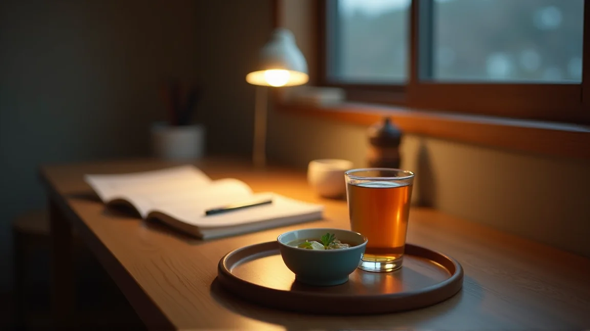 勉強机の横のトレーに置いた小さなスープと麦茶