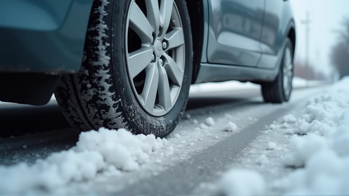 雪解け道を走ったあと、融雪剤の白い跡が残る車のタイヤハウス周り