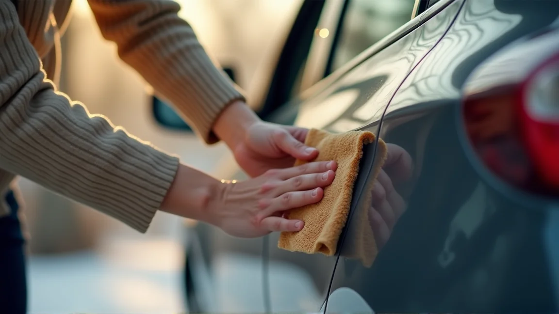晴れた冬の日中に、洗い終えた車のドアまわりのゴムをタオルで拭く手元