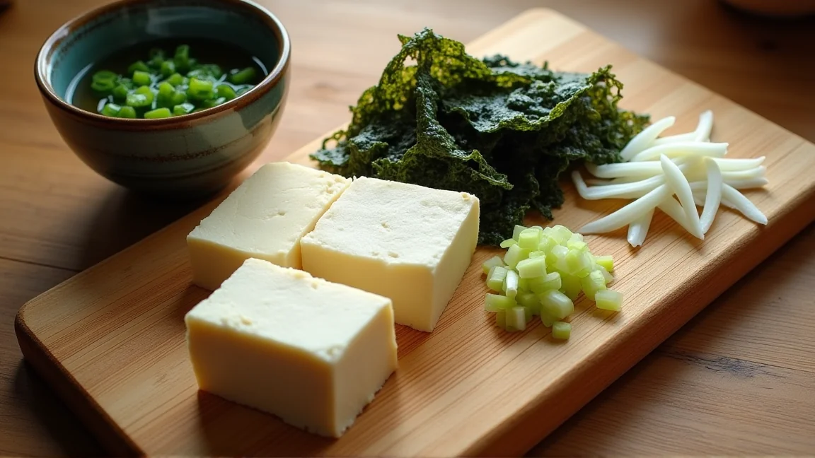 豆腐・わかめ・油揚げ・大根など味噌汁の具材を並べた様子