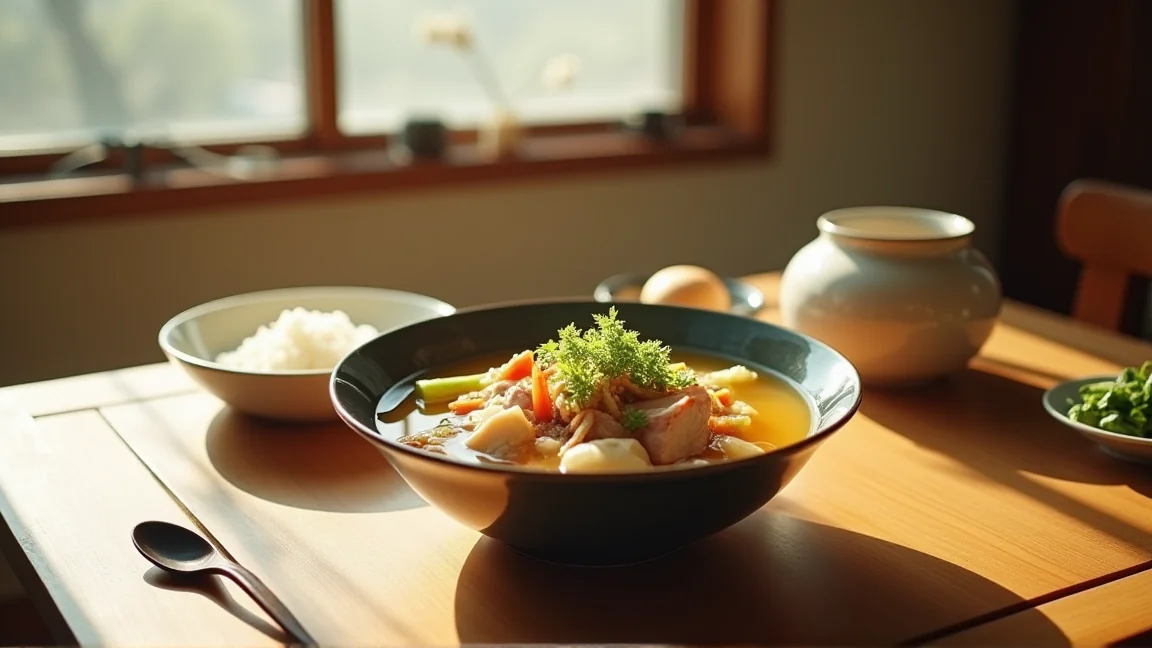 具だくさんの味噌汁とご飯が並んだ朝の食卓