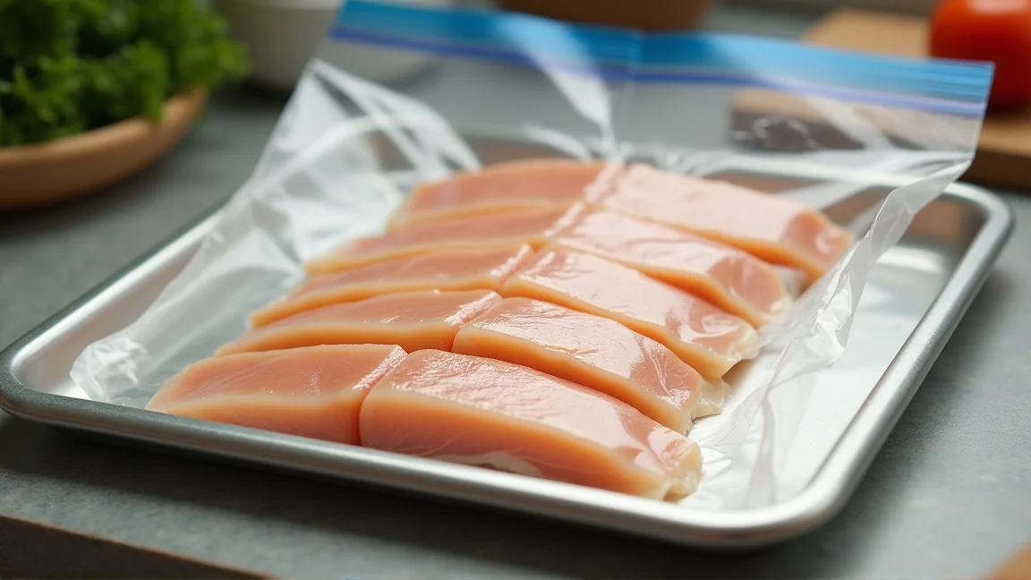 ラップで包んだぶりの切り身を冷凍用保存袋に入れた様子