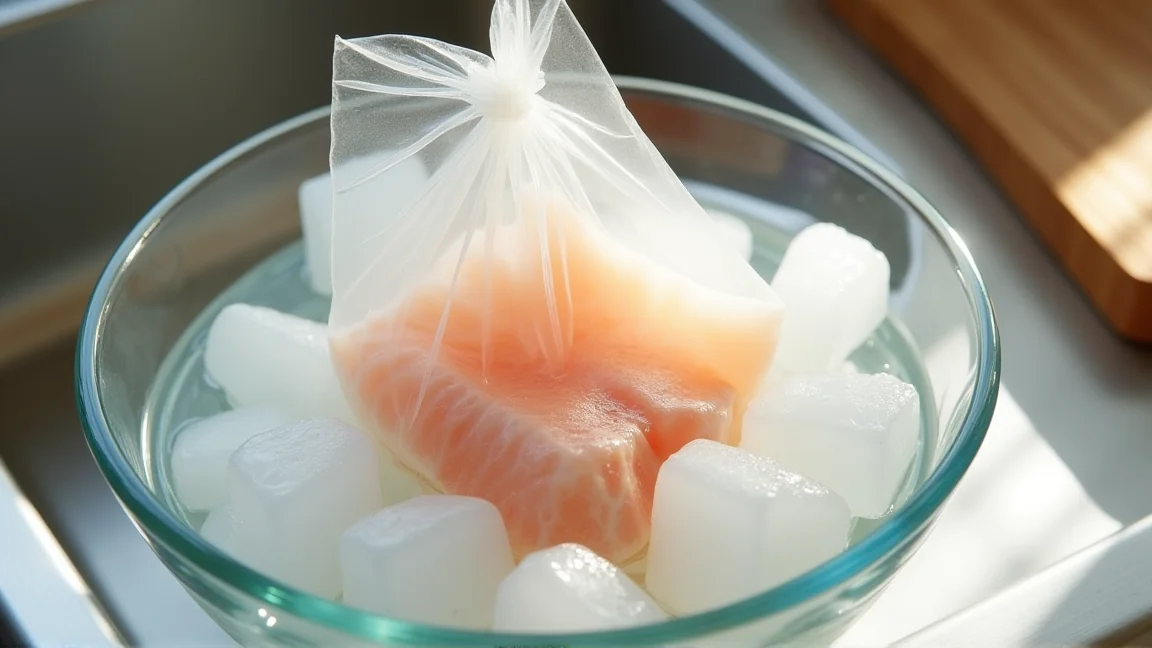 冷凍ぶりの切り身を袋ごと氷水に沈めて解凍する様子