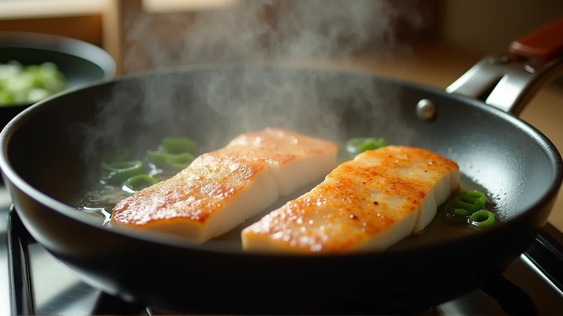 冷凍のままフライパンで蓋をして蒸し焼きにするぶりの切り身