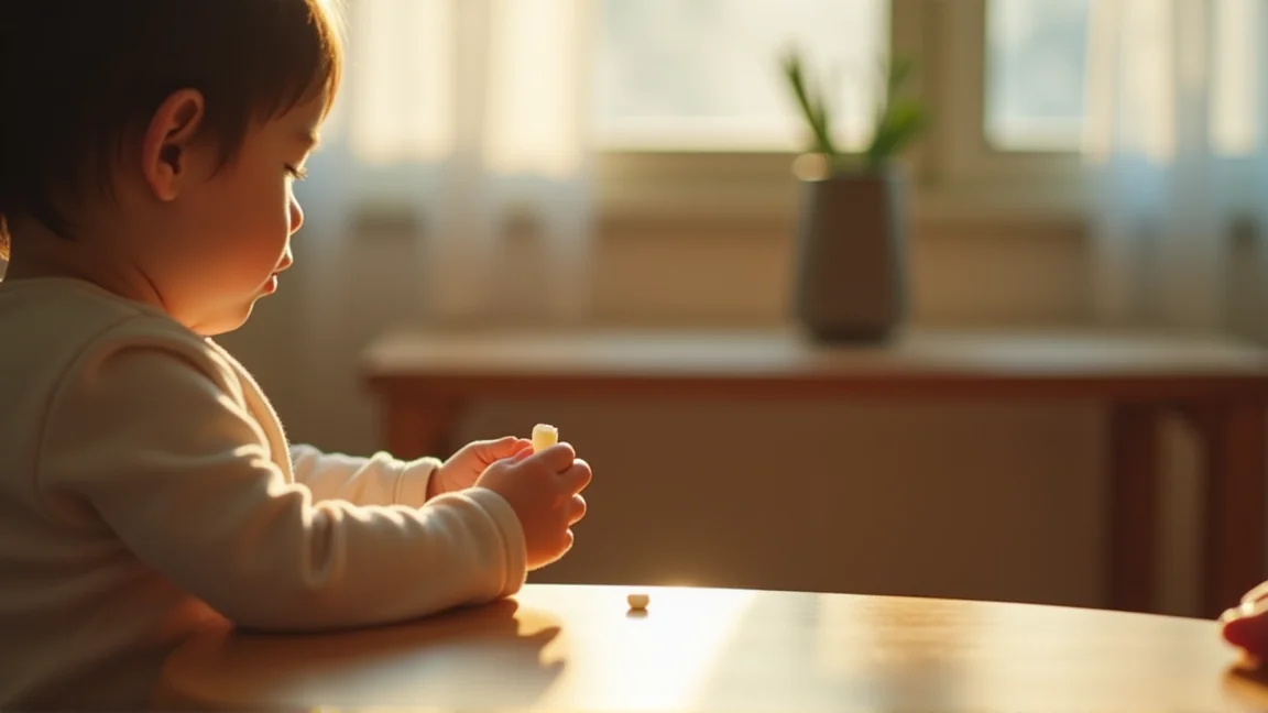 食卓に座って飴のかけらを食べる子どもを後ろから見た様子