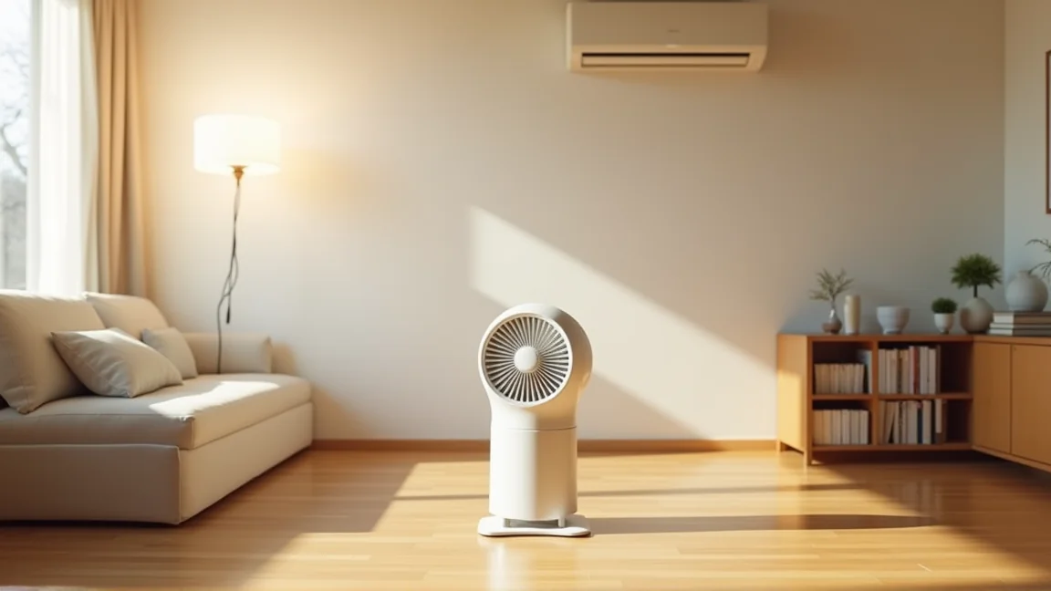 暖房中の部屋でサーキュレーターを天井に向けて回している様子