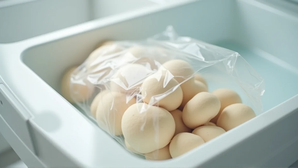 冷蔵庫のチルド室に入れた袋入りのなめこ