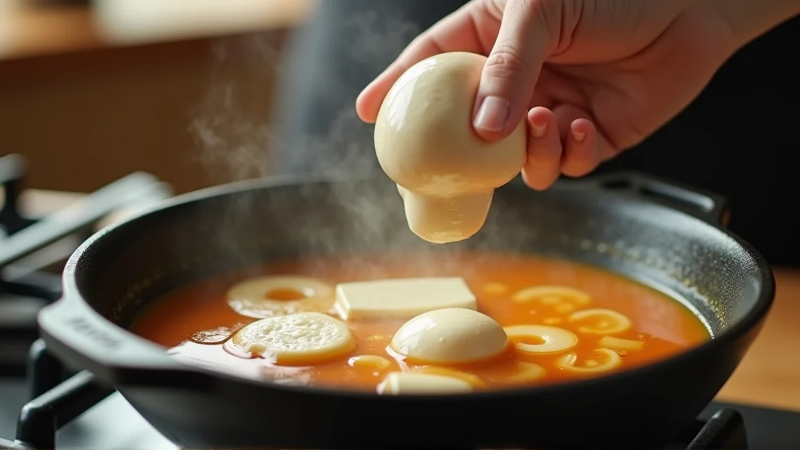 凍ったままのなめこを味噌汁の鍋に入れる手元