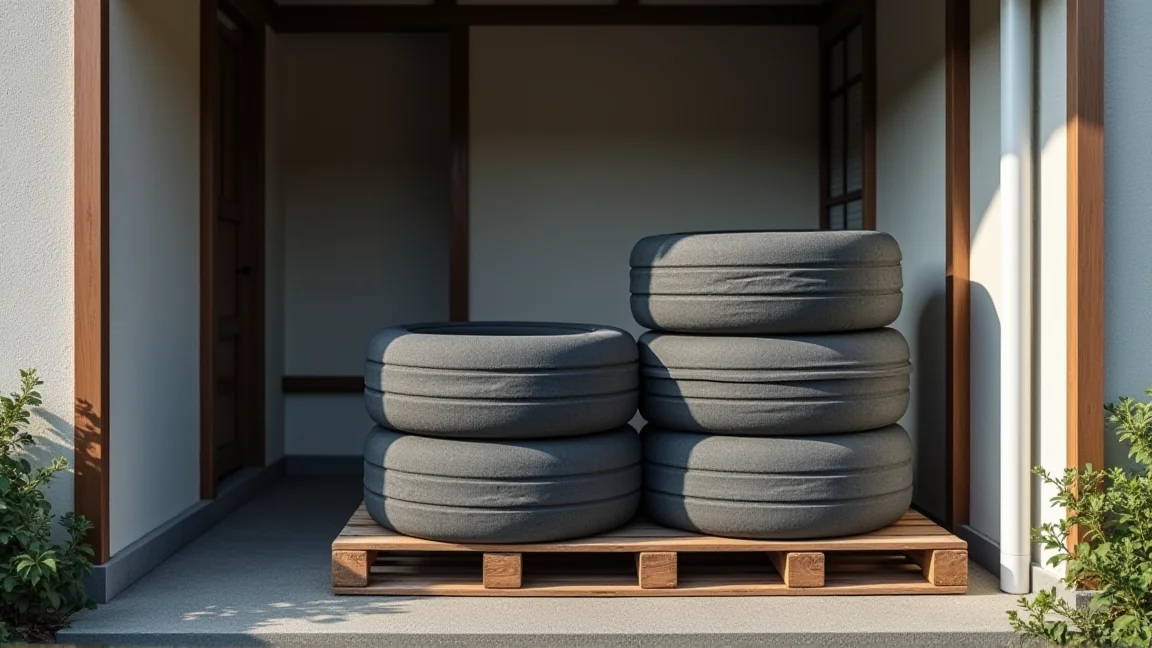 カバーをかけて、すのこの上に置いた4本のタイヤ（家の軒下）