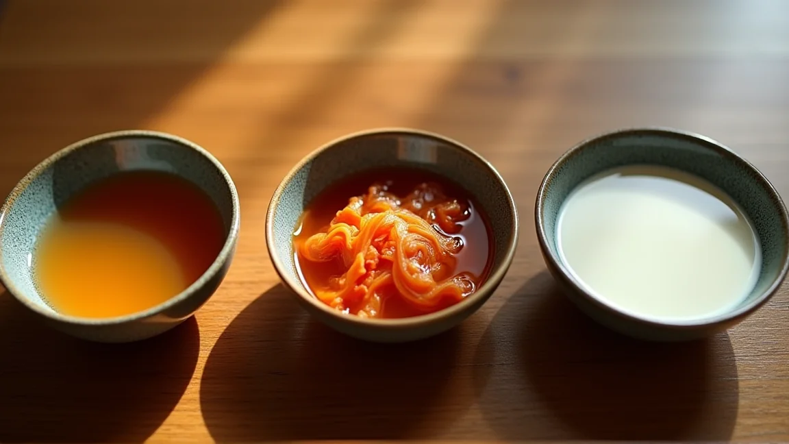 しょうゆ・味噌・キムチ・豆乳の4種類の鍋つゆを小鉢に並べた様子