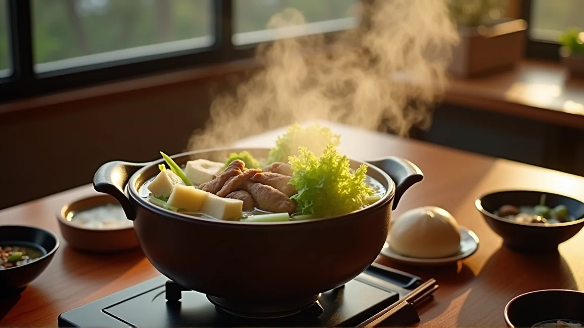 卓上コンロで湯気を立てる寄せ鍋と取り皿