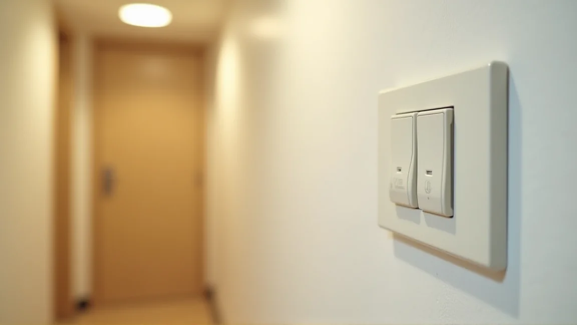 廊下の壁に付いた換気扇のスイッチ