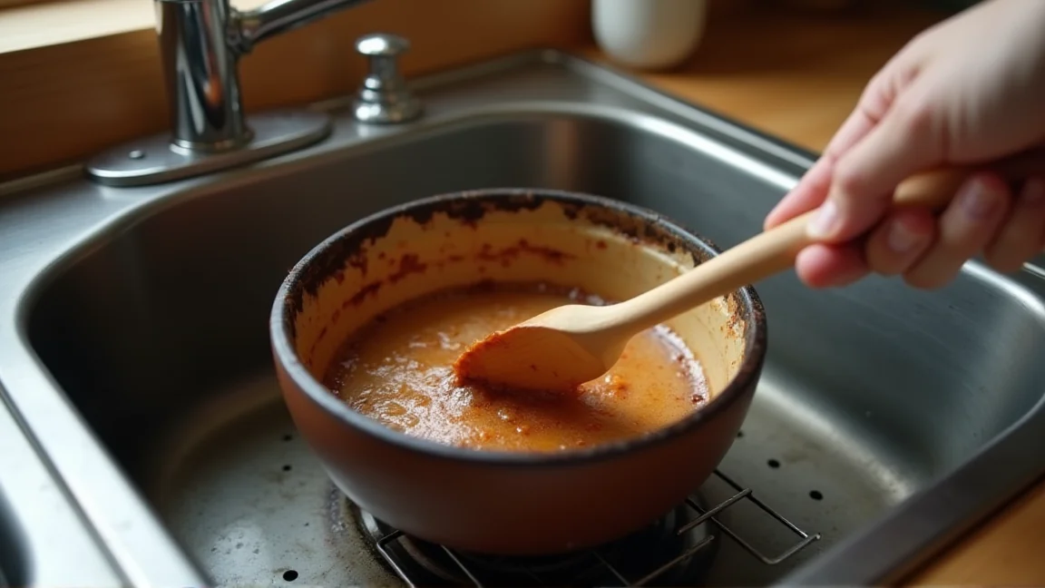 木べらで土鍋の焦げをこそげ落とす手元