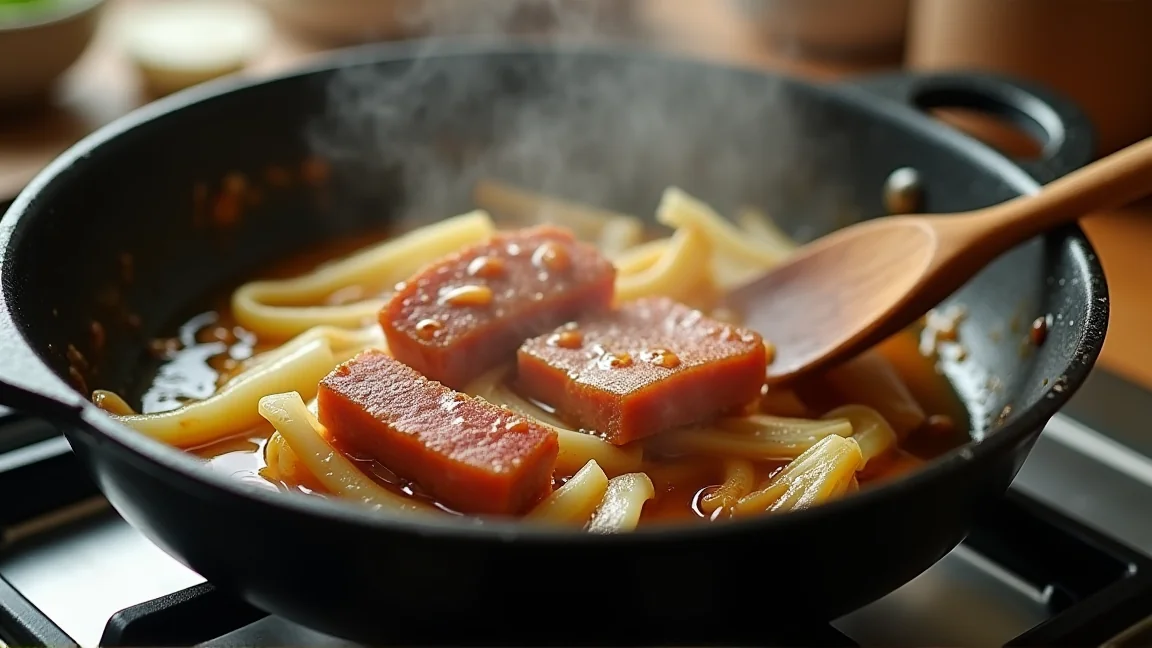 フライパンで豚肉と白菜の芯を炒める様子