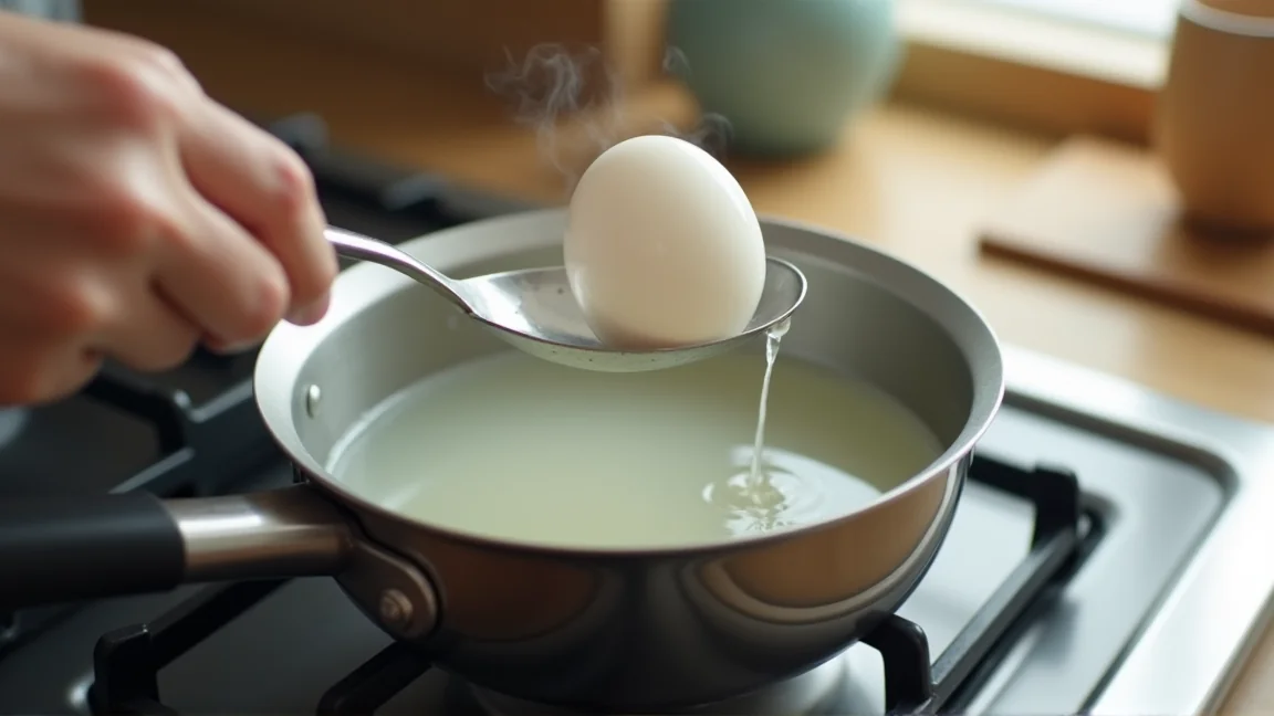 沸騰したお湯にお玉で卵をそっと入れる手元