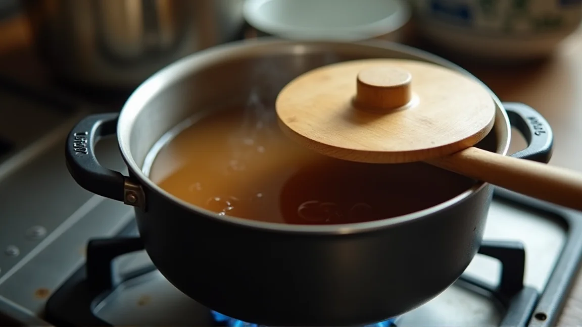落とし蓋をした鍋が弱火でふつふつと煮えている様子