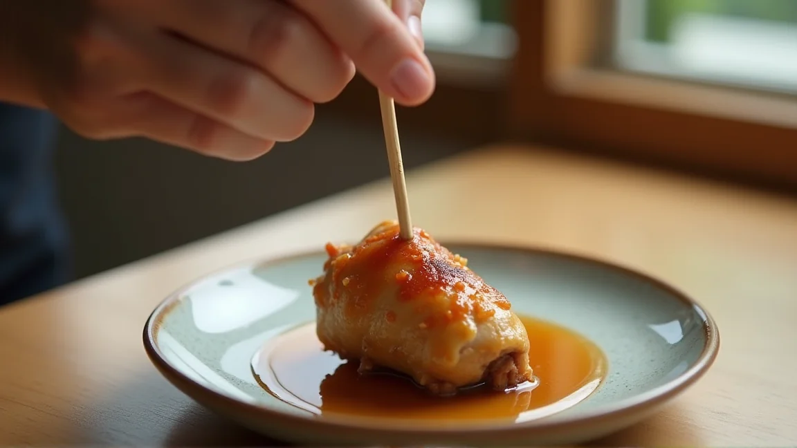 煮込んだ手羽元の骨際に竹串を刺して火の通りを確かめる手元