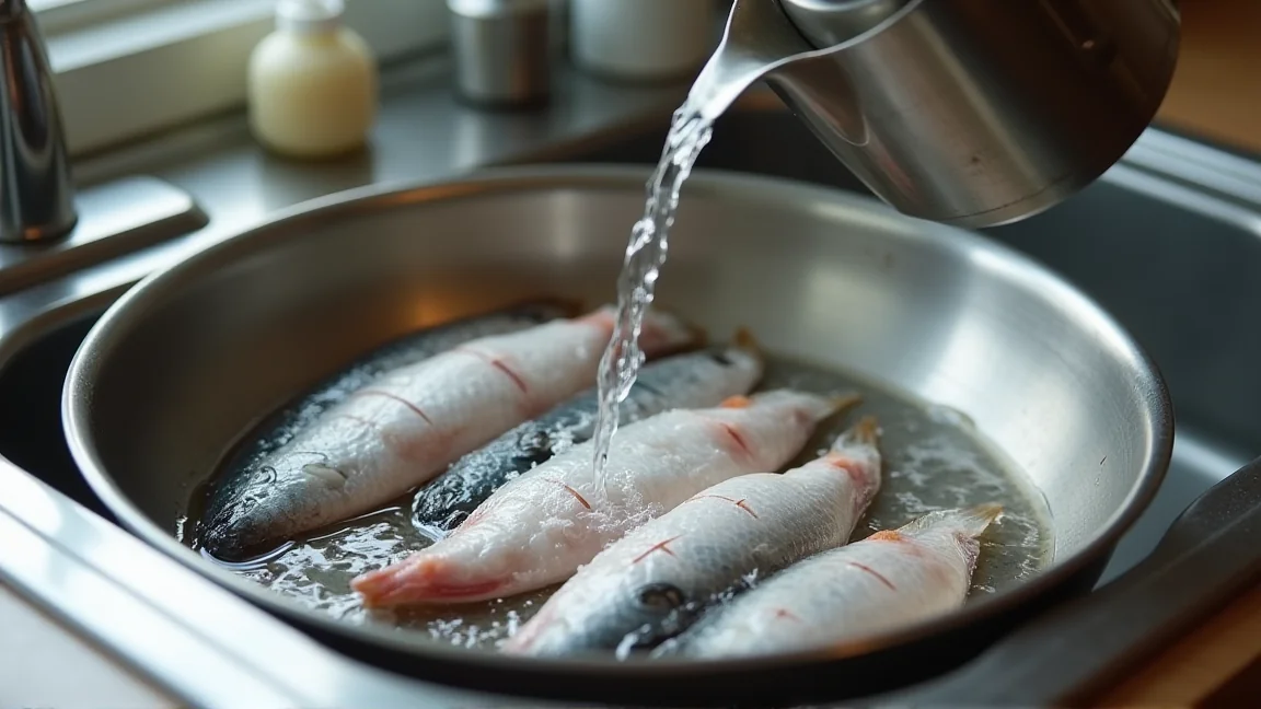 ざるに並べたさばの切り身に湯を回しかけて霜降りをする様子