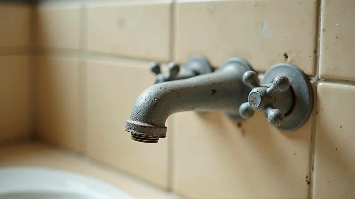 長年使って根元に水あかが付いた浴室の古い2ハンドル混合栓