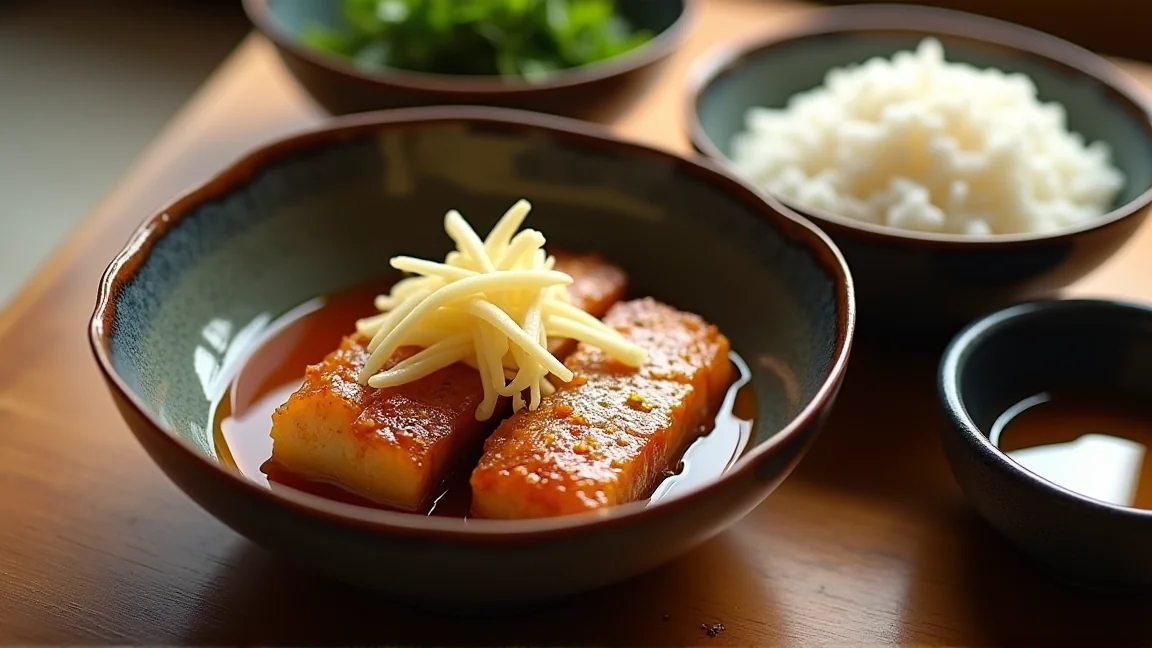 器に盛ったさばの味噌煮と針しょうが、ご飯とみそ汁の食卓