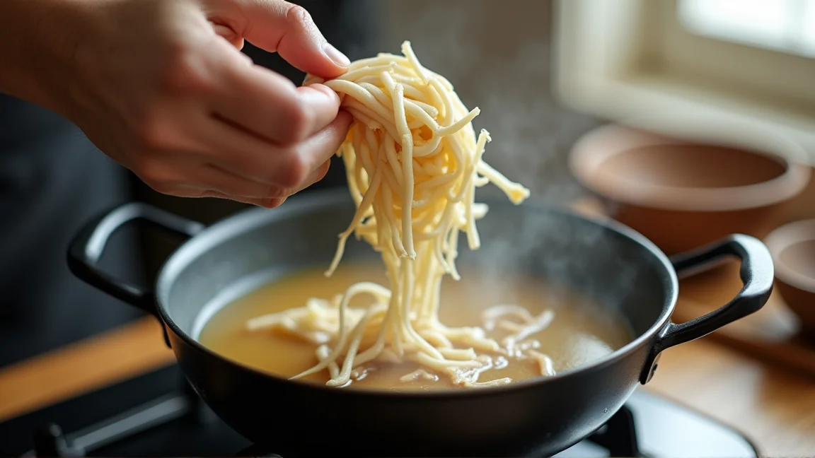 凍ったままのえのきを味噌汁の鍋に入れる手元