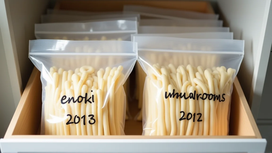 日付を書いた保存袋に入れて冷凍庫に立てて並べたえのき