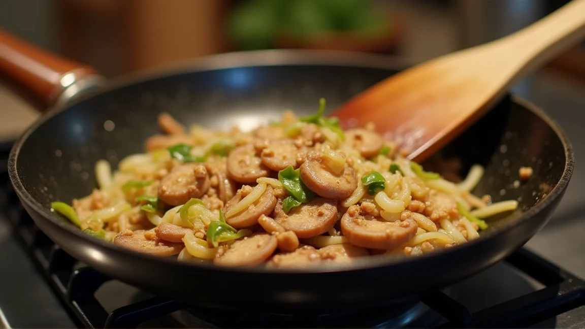 冷凍えのきを使った炒め物をフライパンで仕上げる様子