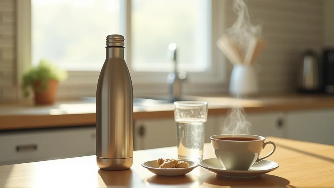 ステンレス水筒のそばに並べた白湯・緑茶・ブラックコーヒー