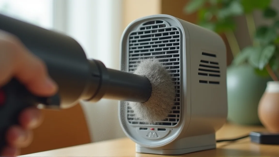 ファンヒーター背面の吸気フィルターのほこりを掃除機で吸い取る様子