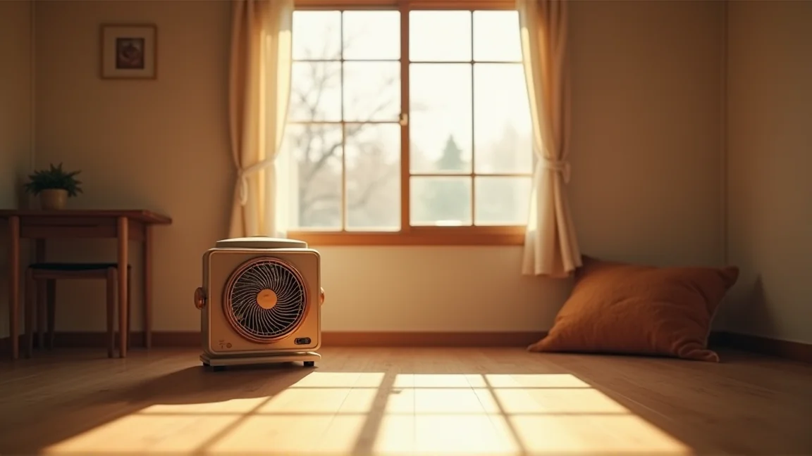 少し窓を開けて換気しながらファンヒーターを使う冬の部屋
