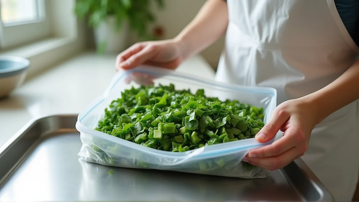 食べやすく切った小松菜を冷凍用保存袋に平らに入れる様子