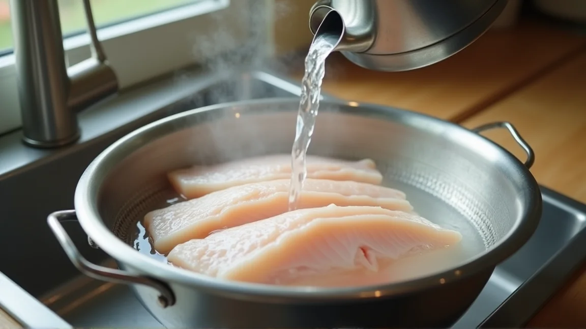 ざるに並べたたらの切り身に湯を回しかけて霜降りにする様子